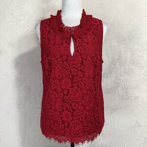 J.Crew Red Lace Ruffle Neck Top Size L Sleeveless Shell Victorian Holiday Blouse